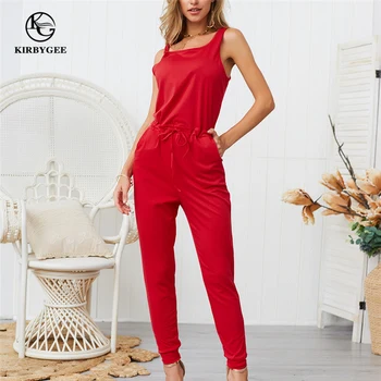 

KirbyGee Casual Sleeveless Red Jumpsuit Woman Summer Elegan Overalls Rompers 2019 Plus Size Long Bandage Lace Up Bodysuit