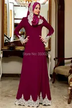 Long Sleeves Fuchsia Jersey White Lace Appliques Hijab Evening Dress Arabic Evening Gown Islamic Party Dress robe de soiree