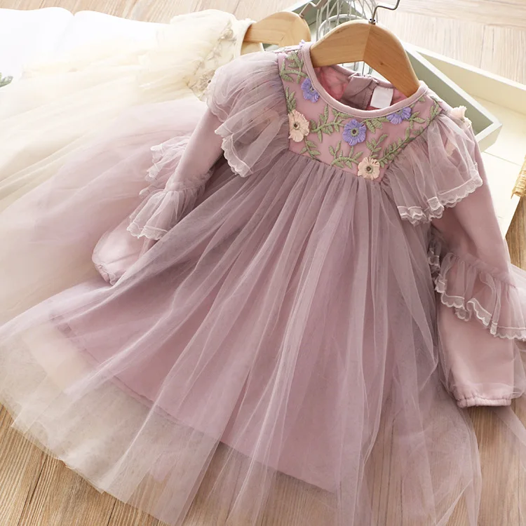 

5284 Ruffles Lace Embroidery Princess Baby Girl Dress Christmas Fall Party Kid Dress ForGirl Wholesale Thanksgiving Girl Clothes