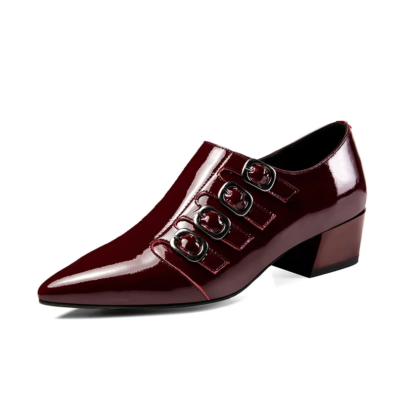 

High-end brand-name cow patent leather thick low-deep women's single shoes British style belt buckle pointed leather shoes women