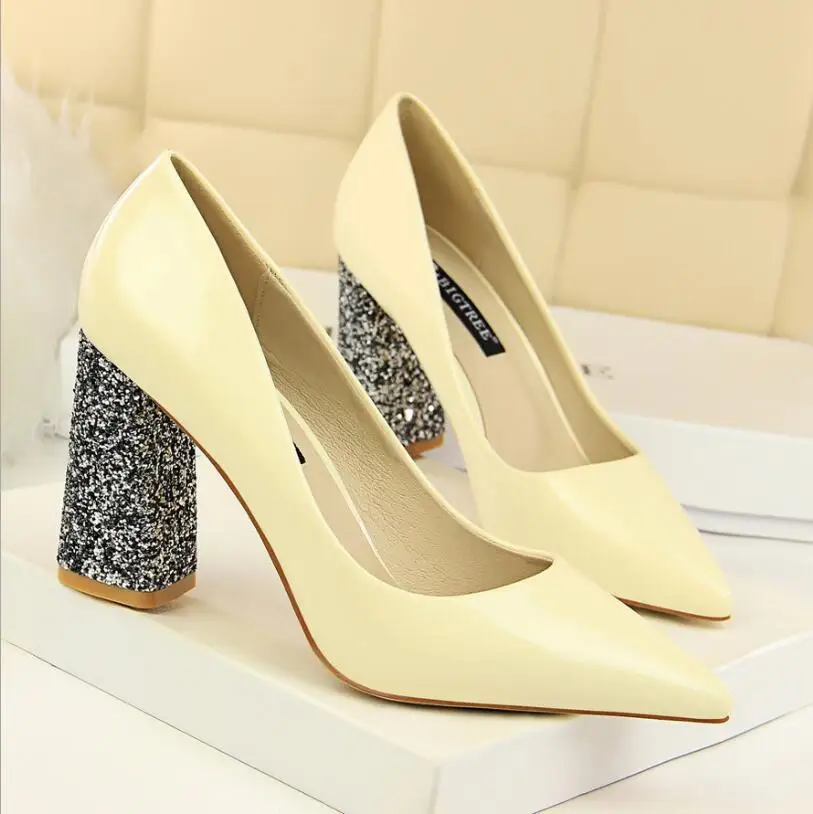 CHAISHOU2018 женские блестящие туфли-лодочки на высоком каблуке 8 см; женские пикантные туфли на массивном каблуке; Tacones; женская элегантная обувь для вечеринок; Scarpin; F-169 - Цвет: White