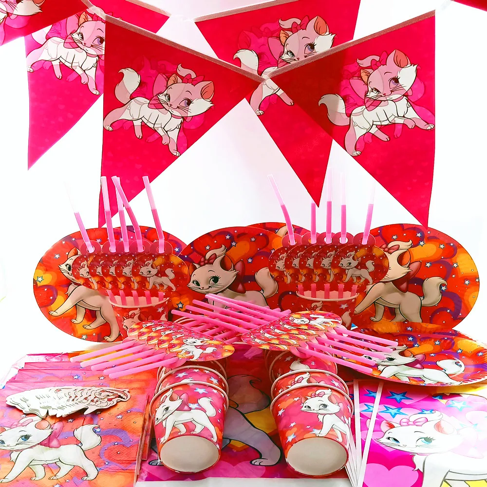 

125 pcs/lot Disney Marie Cat theme plates straw banner happy Birthday Kids Party Decoration Set Baby girl show suppliers