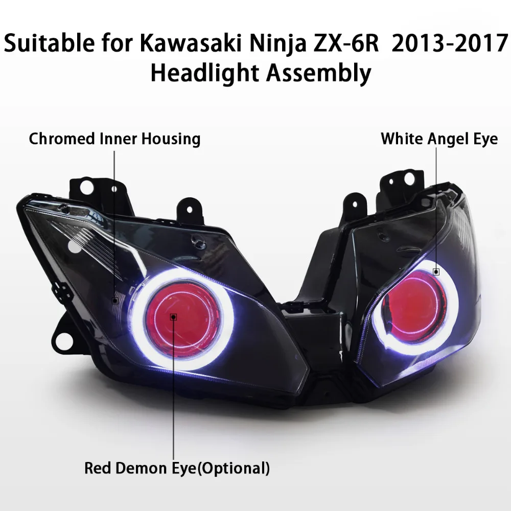 2X Headlight Blue Halo Red Demon eye For Kawasaki ZX6R 636 10R 650R Ninja EX 