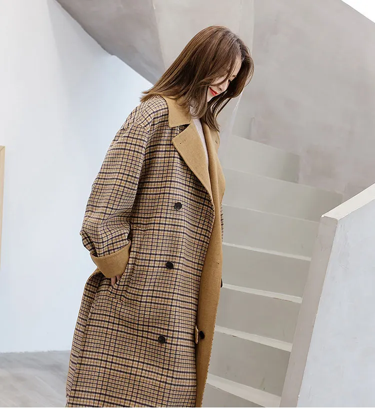 Осенне-зимнее женское клетчатое пальто модное длинное шерстяное пальто свободные шерстяные женские куртки верхняя одежда Элегантное длинное пальто