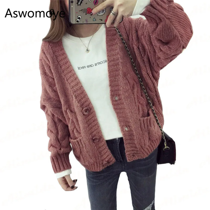 

Spring Sweater Cardigan Female Twist Loose Sweater Thick Full Sleeve Single Breasted with Pocket