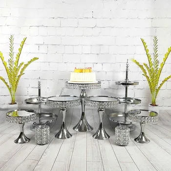 

7-10pcs/ set Top Quality Silver Plate Metal Acrylic Crystal Strand Mirror Birthday Fruit Cake Stand Wedding Decoration
