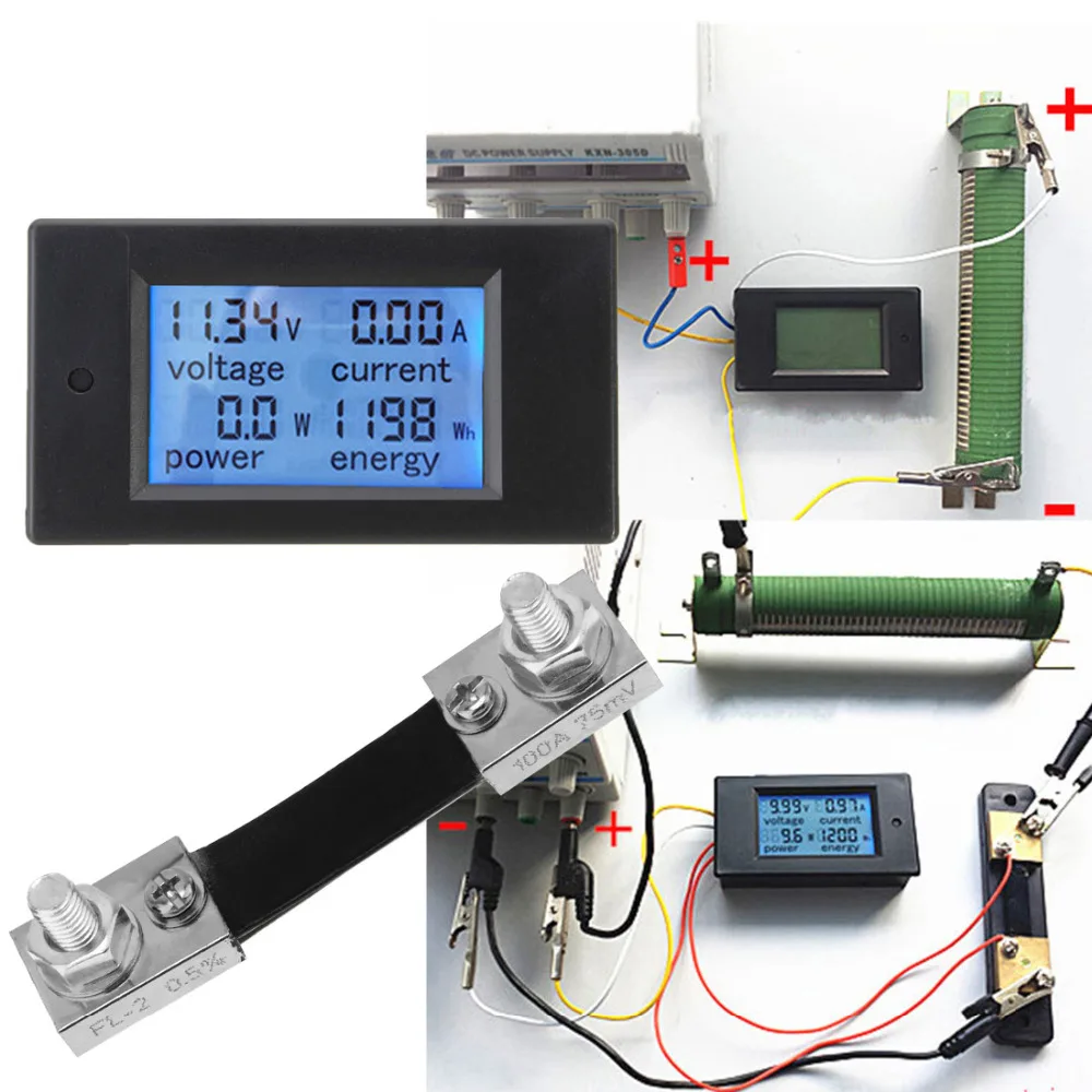 100A DC Многофункциональный цифровой вольтметр Амперметр Вольт Напряжение Мощность измеритель тока тестер Датчик энергии монитор модуль с шунтом