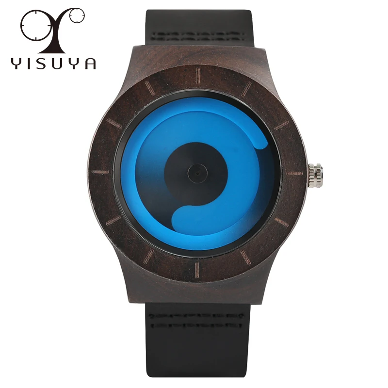 

YISUYA Men Creative Unique Aurora Wrist Watches Quartz Wooden Watch Leather Band Strap Dress Sports Waterproof Unisex Hours Gift