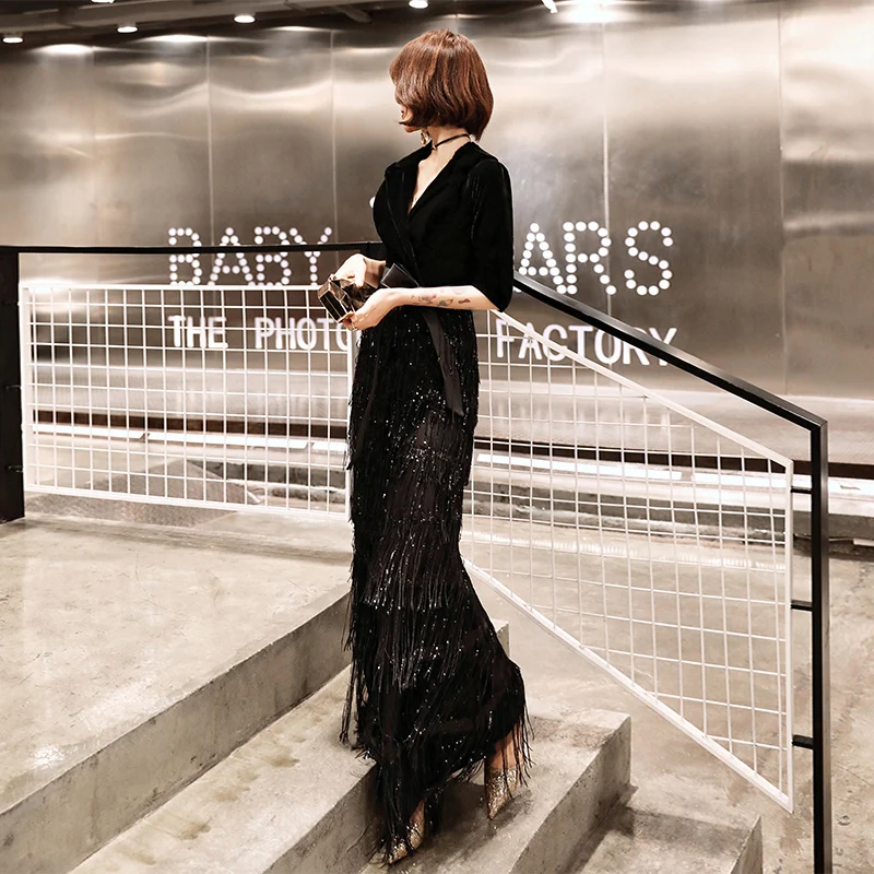 weiyin Black Velvet Evening Dresses Long Mermaid V-Neck Formal Dress Sequined Abendkleider Women robe de soiree longue WY1260