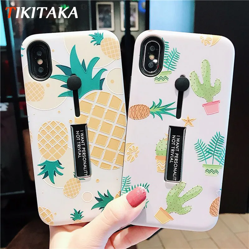 

TIKITAKA Fresh Pineapple Phone Case For iphone X Summer Cactus Case For iphone 6 6s 7 8 Plus Hide Ring Stand Holder Cover Coque