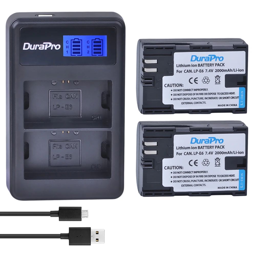 Durapro 2Pc Lp-E6 Lp-E6N Lp E6 E6N Batteria Agli Ioni Di Litio + Lcd Usb Doppio Caricatore Per Canon Eos 5D Mark Ii Iii 7D 60D 6D Batteria