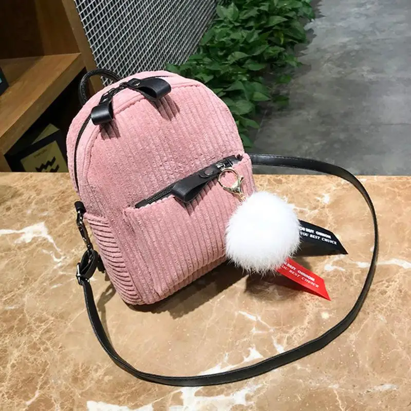 Корейские женские Мини-рюкзаки в полоску, вельветовый пакет, школьные маленькие сумки на плечо с плюшевым шариком, подвесной рюкзак для путешествий, Mochila