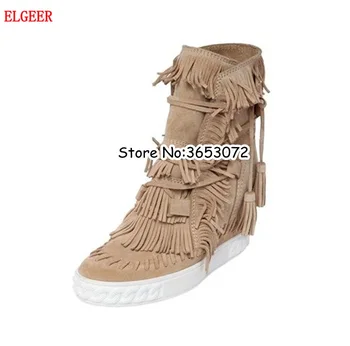 

Suede Fringed Platform Wedge Casual Woman Shoes Tassel Leisure Lace Up Hidden Height Increasing Ankle Boots Shoes Top Quality
