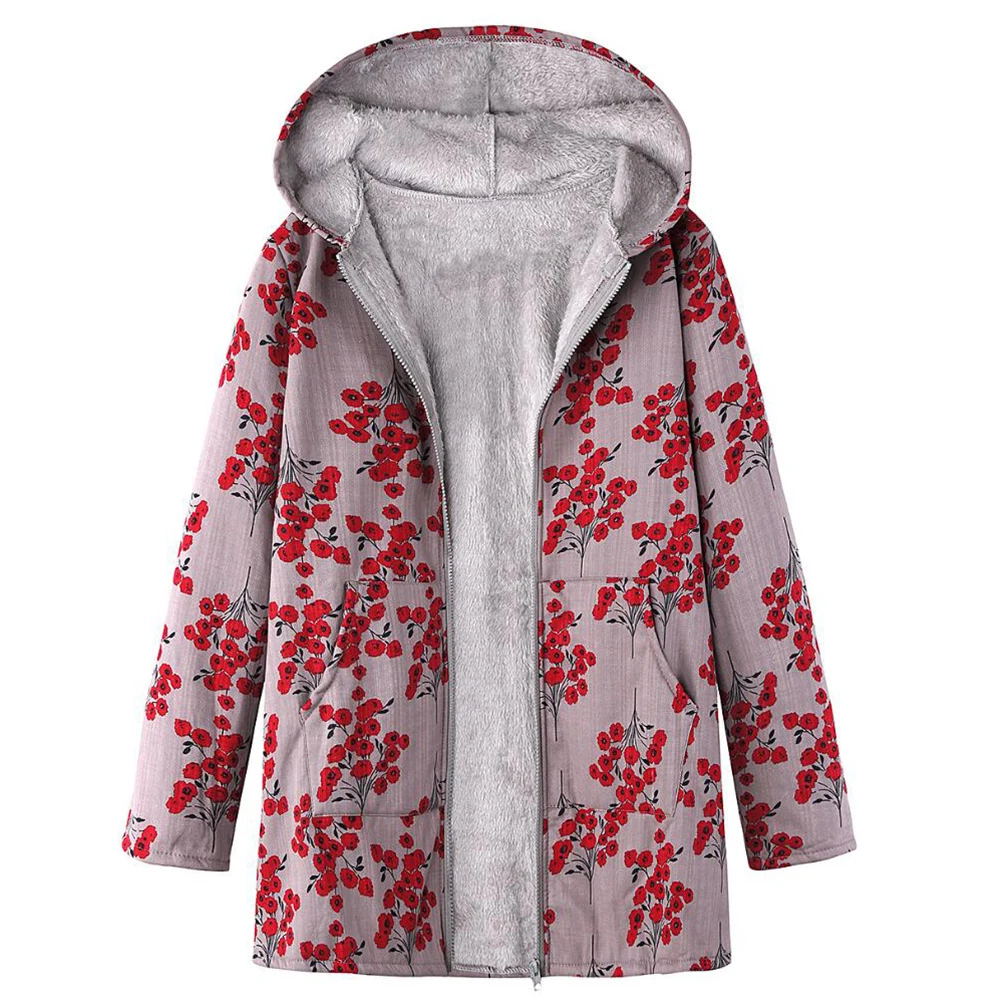 5XL Big Size Floral Printed Jacket Women Vintage Plush Hooded Zipper Long Sleeve Coat Winter Autumn Womens Jackets And Coats