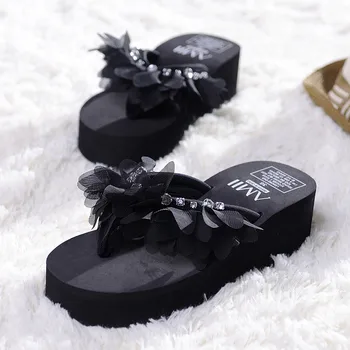 

B2-7 Size 35-39 Ladies Fabric Flowers Flip Flops Female Leisure Platform Slippers Woman High Heels Shoes Women Wedges Shoe