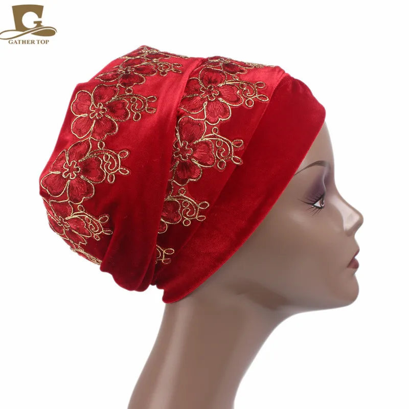 Flor de Veludo Novo Luxo Nigeriano Turbante Cabeça Longa Envoltório Headwrap Elegante Lenço Hijab Boné 3d 3 Acessórios para cabelo (mulheres)