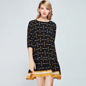 

Casual Dress 2019 Spring And Summer Women New Loose Fashion Pleated Patchwork 3/4 Sleeve Round neck Mini Dress