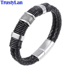 TrustyLan, модный черный ремешок из натуральной кожи, Брендовые мужские ювелирные изделия, браслеты для мужчин, браслеты из нержавеющей стали и браслеты