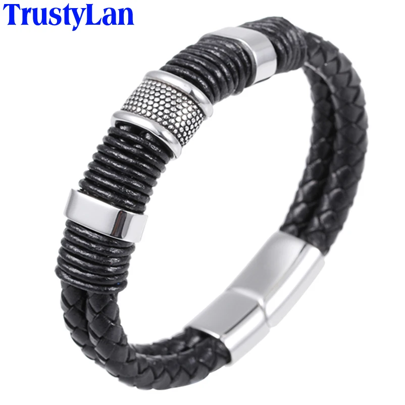 

TrustyLan Fashion Black Genuine Leather Strap Brand Men Jewelry Wrap Bracelets For Man Stainless Steel Bracelets & Bangles 2018