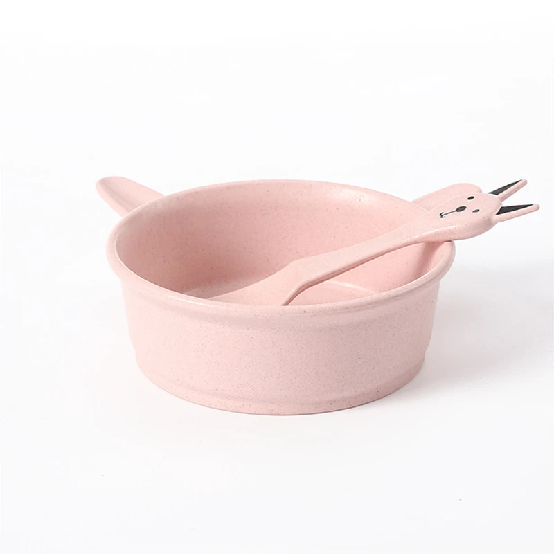 4 цвета, пшеничная соломенная детская чаша, набор посуды, мультяшная ложка, милый фруктовый поднос, Набор чашек, детская посуда, посуда - Цвет: pink rabbit