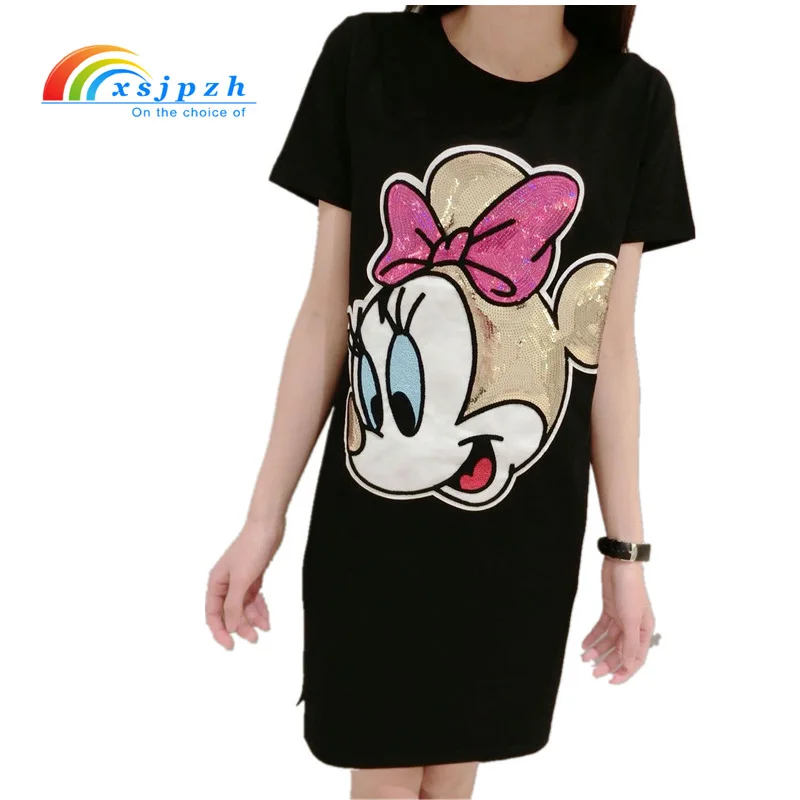 Buy Cheap 2017 Summer Harajuku Dress Short Sleeve Character Dress Women Sequin Mickey T shirt Dress Cartoon Robe Femme Dress S- 4XL YX058