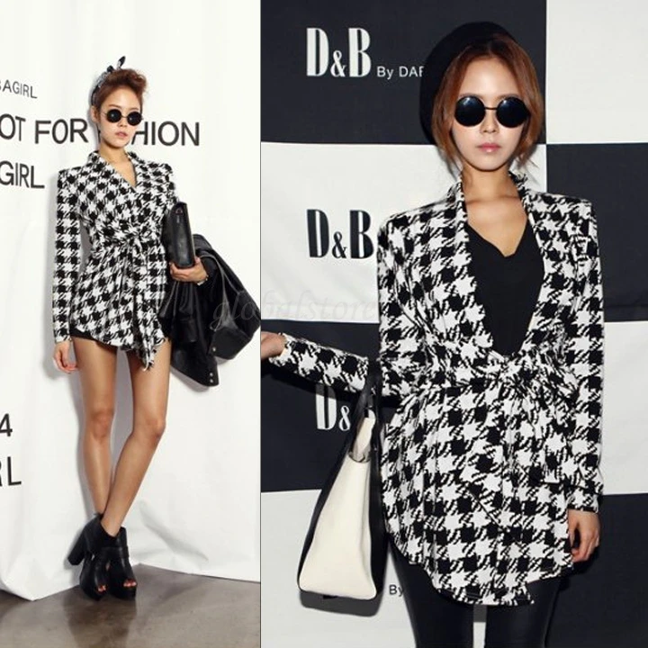 Hot Sale Fashion Women Houndstooth cardigan jacket Asymmetric Print Jacket Open Stitch Belt Slim Coat Tops Outerwear SV004924H | Женская