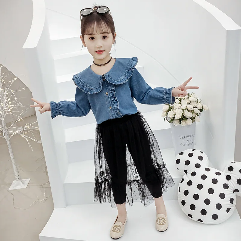 

Girls Clothes Suit Denim Clothing Set For Teens 2019 New Children's Clothes 6 8 12 Years Mesh Patchwork 2 Pcs Costume For Girls