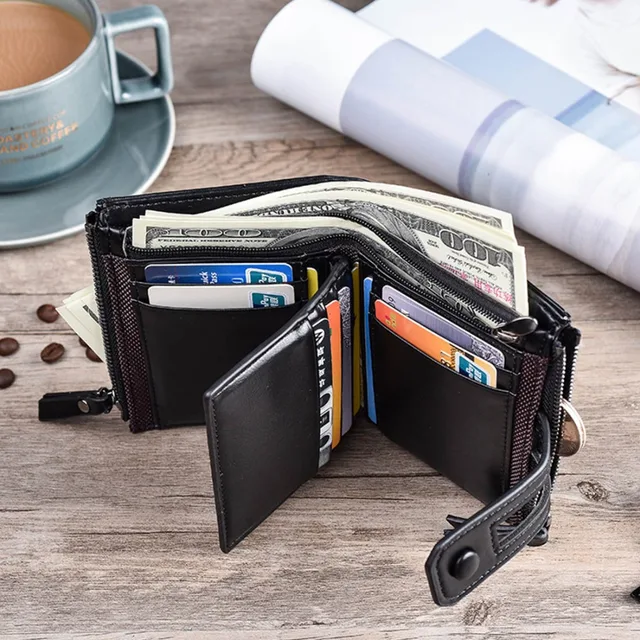 2024 Men Wallets Short PU Leather Double Zipper Hasp Men Purses Card Holder Coin Pocket Vintage High Quality Brand Men Wallets 3