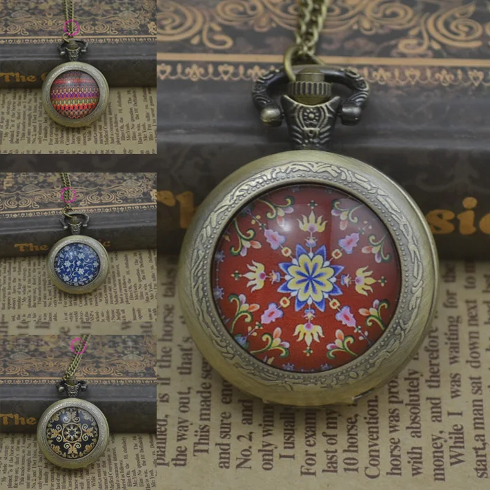 Модные Классические Цветочные антикварные кварцевые карманные часы ожерелье женские fob часы бронзовые круглые выпуклые линзы стеклянная для фотографии новинка