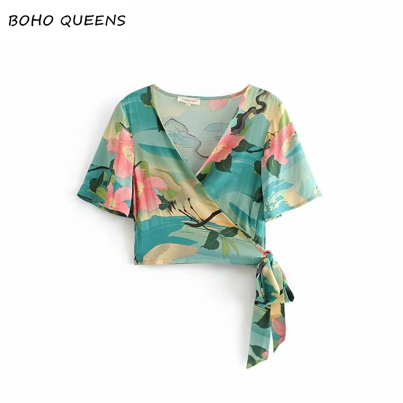 

Vintage Chic women short sleeve cross v-neck shirts casual floral printed blouse shirts Boho female blusas