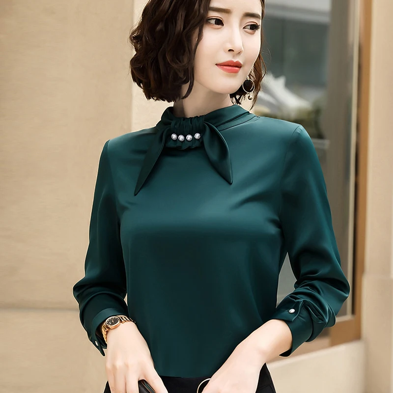 Осенняя женская блузка однотонная шифоновая блузка с длинными рукавами рубашка плюс размер OL Блузка женские топы blusas E1047