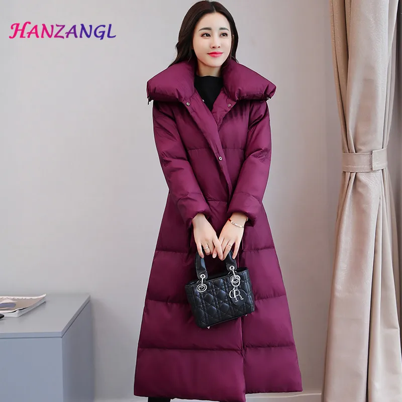 

HANZANGL Winter coat women fashion lacing cotton padded jacket thick warm over the knee female parka large size outerwear