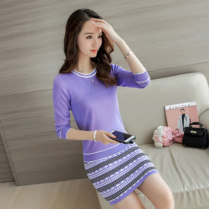 

new 2017 sprint autumn women suit o neck sweater & striped bodycon skirts short skirt two-piece kniting outfit lady knitwear