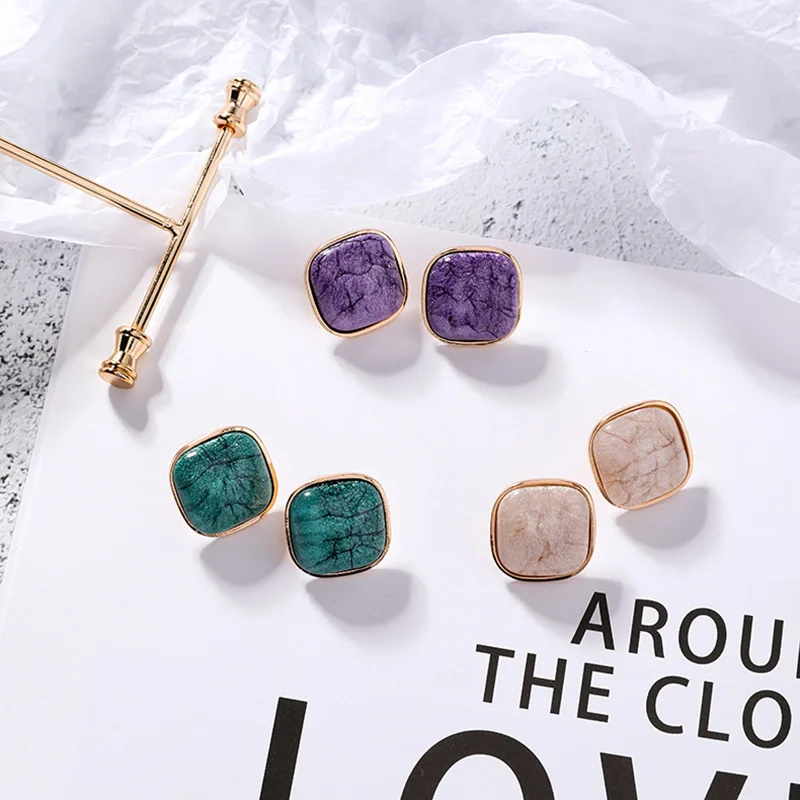 Retro Women Earrings Geometric Square Earring Stud Temperament Stone Texture Pendientes Korean Earings Fashion Jewelry Girls (1)
