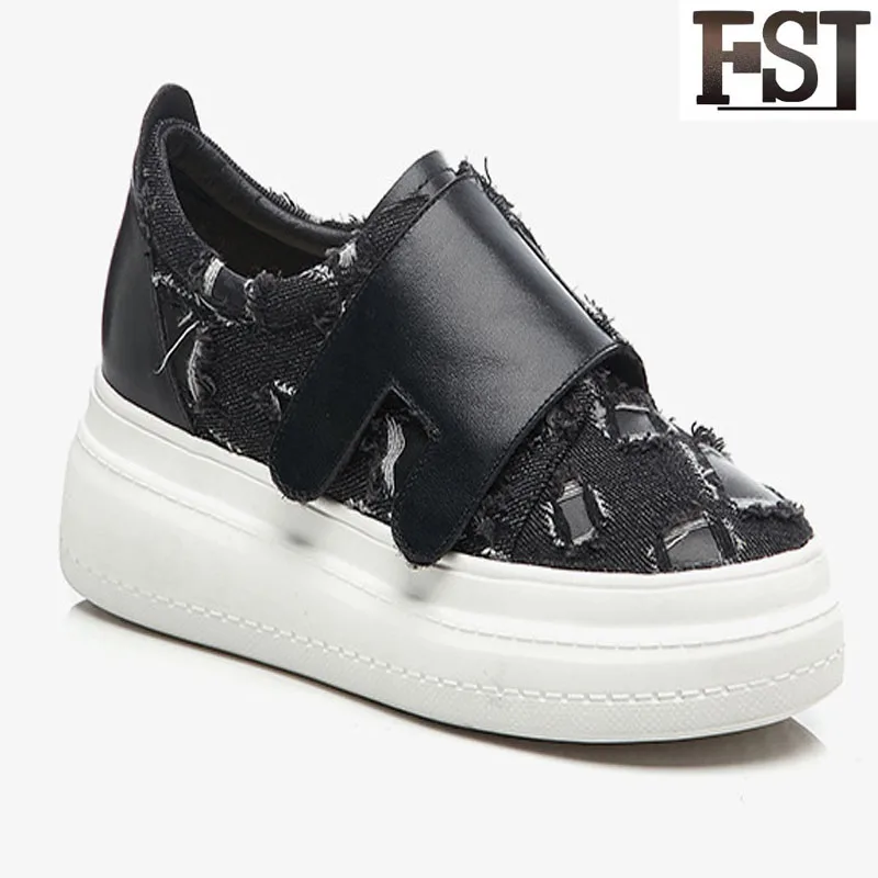 

FSJ Genuine Cow Leather Shoes Woman Spring/Autumn Summer Flats Platform Flats Hook Loop Solid Sewing Casual Microfiber 2019 5cm