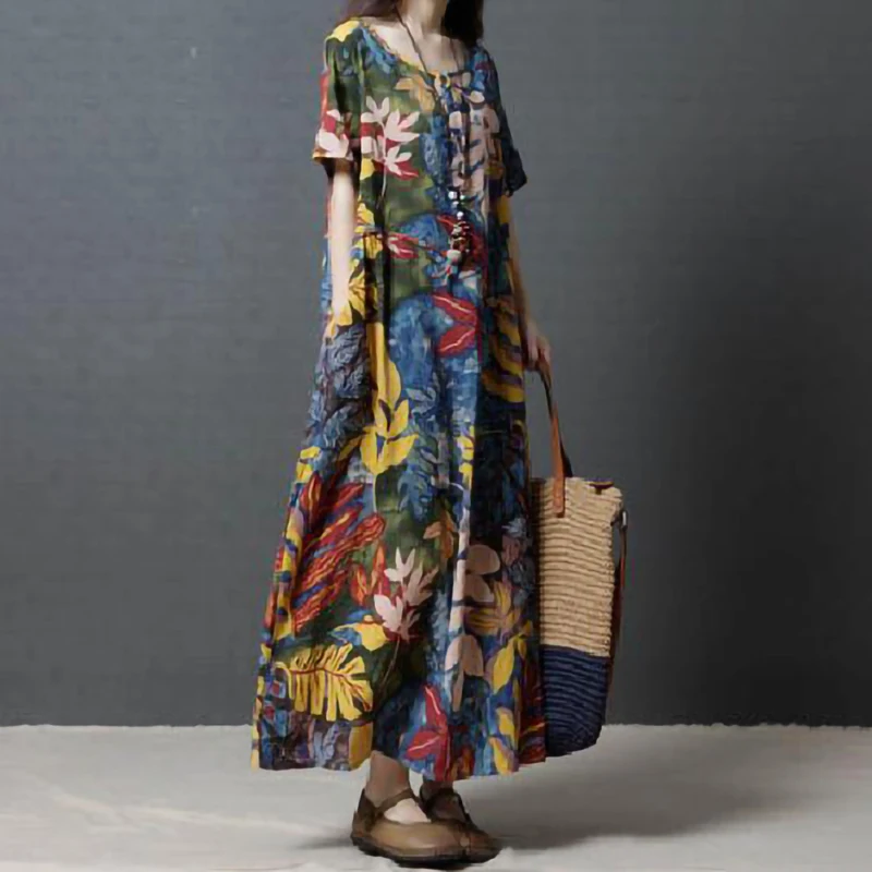 

Vintage Ethnic Plus size Loose Long Dress Women Art Print O neck Short sleeve Cotton Linen Dresses Ladies Bottoming Vestidos