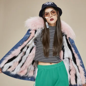 

2018 High Fashion Street Women's Fashion Loose Blue Denim Parkas Ship Fur Lining Raccoon Fur Collar Winter Thick Jacket Outwear