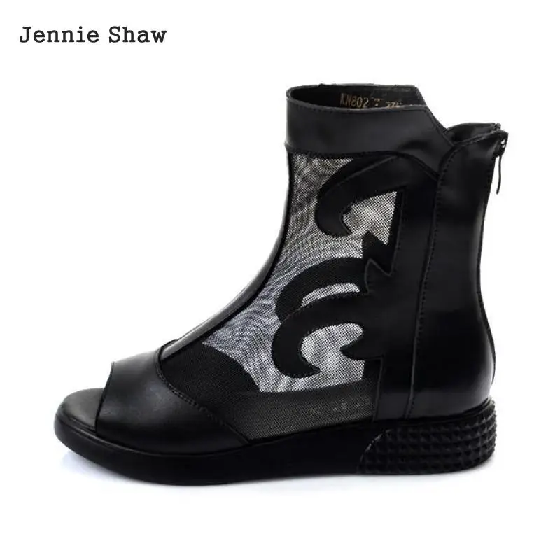 

Women's New Flat Bottomed Summer Mesh Sandals Peep Toe Black Low Heel Ankle Boots