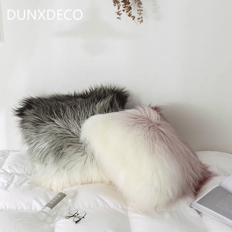 

DUNXDECO Cushion Bed Decorative Square Pillow Modern Fashion Imitation Beach Wool Plush Simple Pink Gray Gradient Coussin