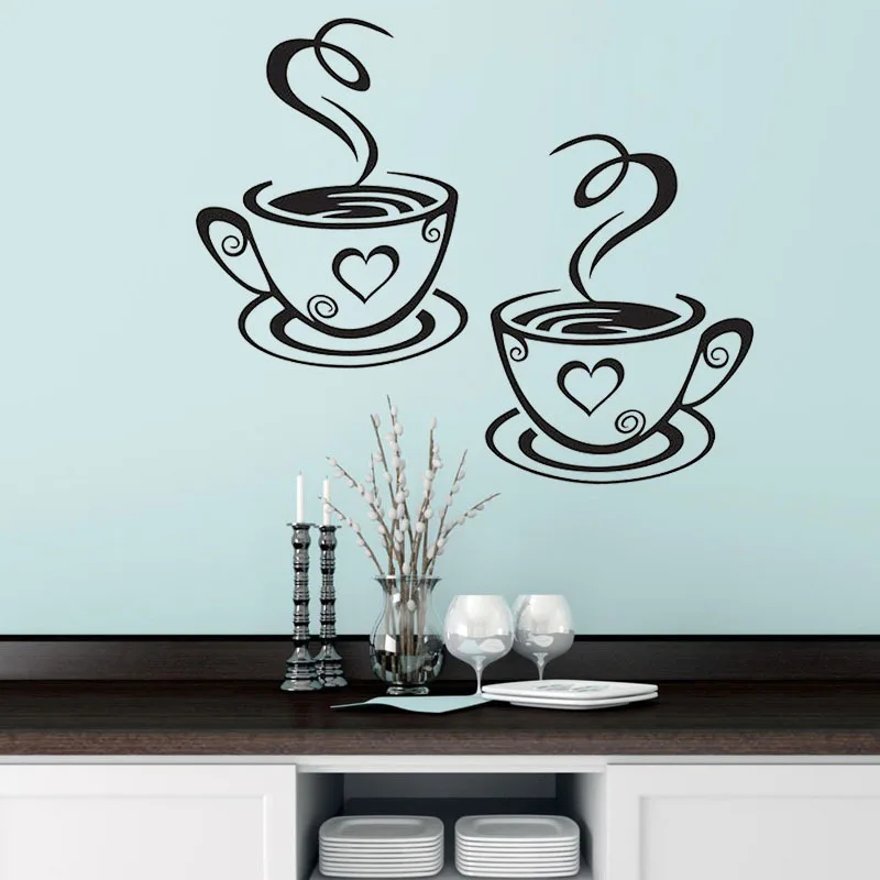 Double Coffee Cups Wall Stickers Beautiful Design tea Cups Room Decoration Vinyl Art Wall Decals Adhesive Stickers Kitchen Decor