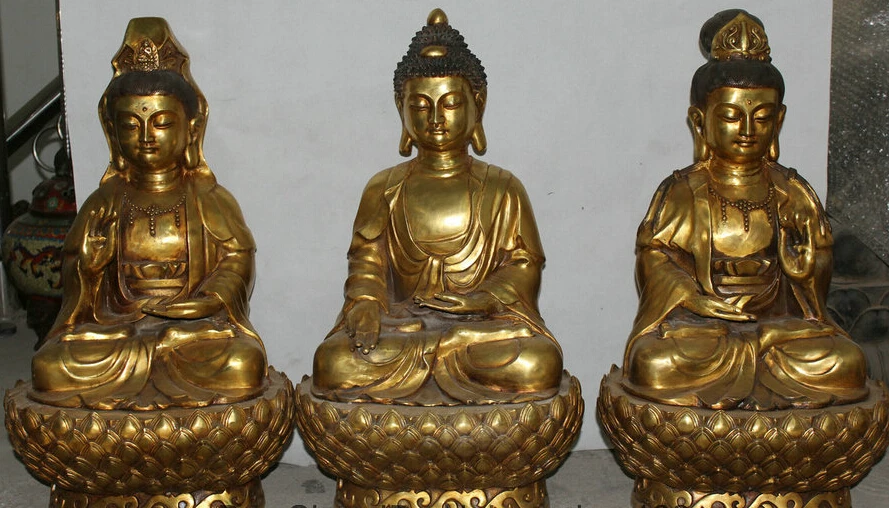 

xiuli 002595 24" Tibet Bronze Gilt Shakyamuni Amitabha Buddha Kwean-yin Guan Yin Statue Set