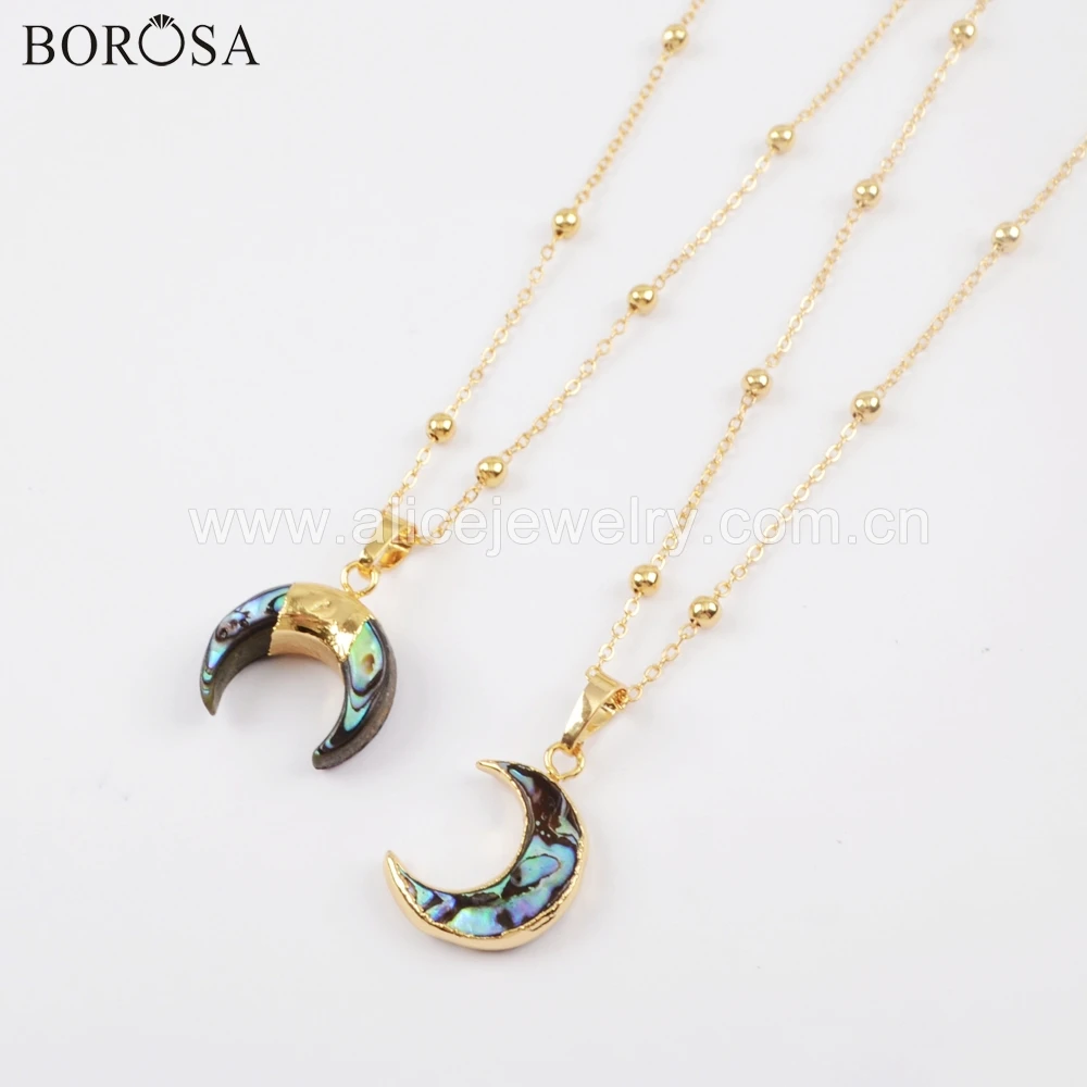 

BOROSA New Arrival 5PCS 20inch Gold Color Natural Abalone Shell Moon Horn Shell Pendant Metal Bead Chain Necklaces Jewelry G1717