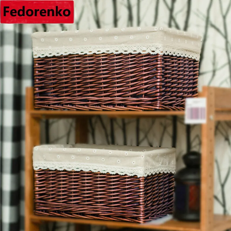 Handwoven Household Wicker Storage Basket with Cloth Liners Large
