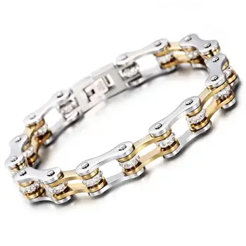 

Silver Color Golden Stainless Steel Bicycle Chain Bracelet AAA Crystal Friendship Bracelet Men Mens Biker Jewelry Drop