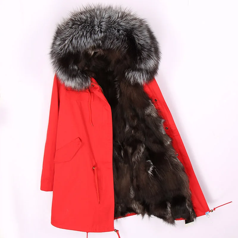 Длинная парка, зимняя куртка для женщин, пальто из натурального меха енота, воротник из лисьего меха, верхняя одежда, повседневная одежда