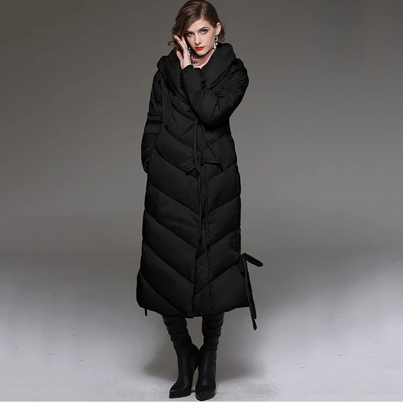 Cheap Autumn Winter New Ultra long Down Jacket Women Warm Hooded parkas Fashion Belt Female Elegant Casual Champagne Outwear Coat N681 4