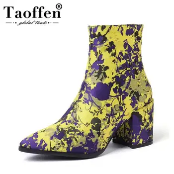 

TAOFFEN New Fashion Print Pointed Toe Ankle Boots Women Autumn Winter Warm Shoes Ethnic Style Women Mom Footwear Size 34-43