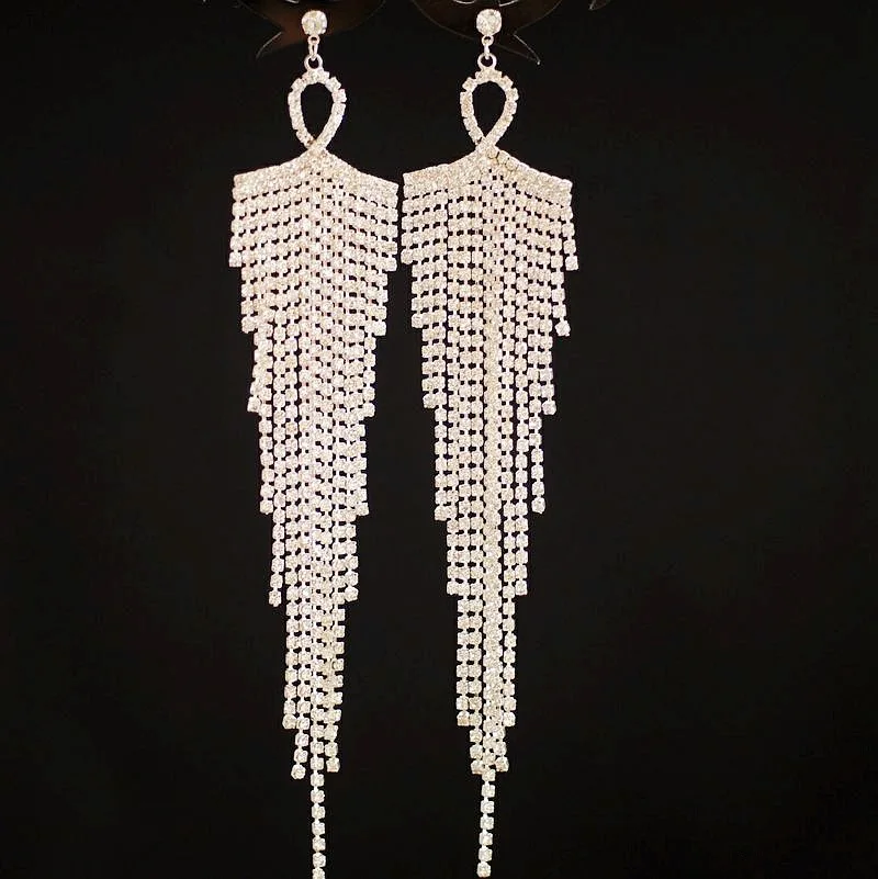 

crystal long temperament tassel earrings ear clip needle jewelry korean fashion rhinestone earrings chandelier earrings