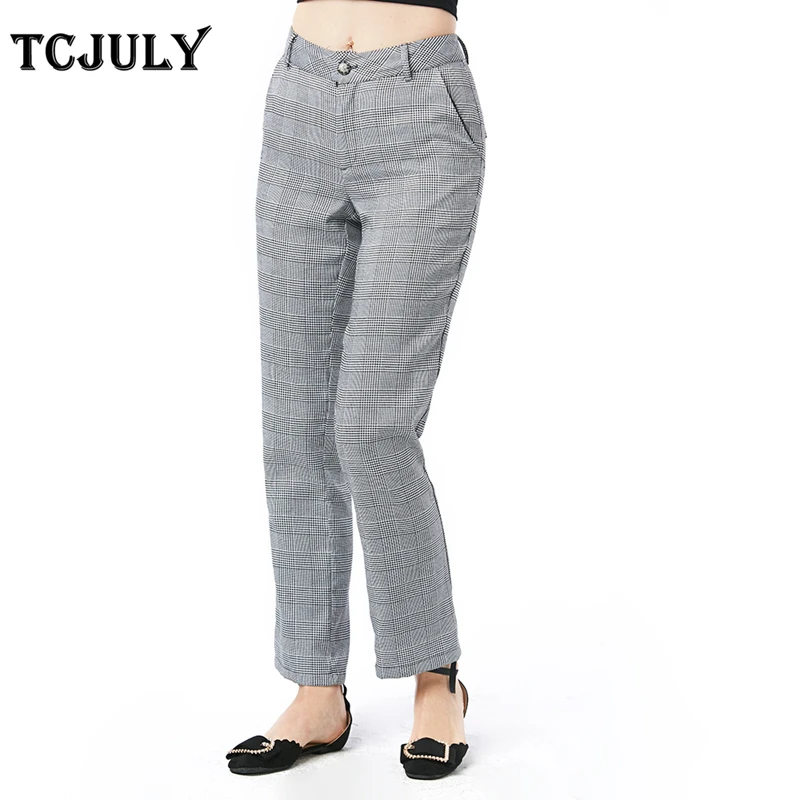 

TCJULY Spring Autumn New Arrive Simple Style Gray Plaid Pants Casual Straight Regualr Full Length Trousers Women Checkered Pants