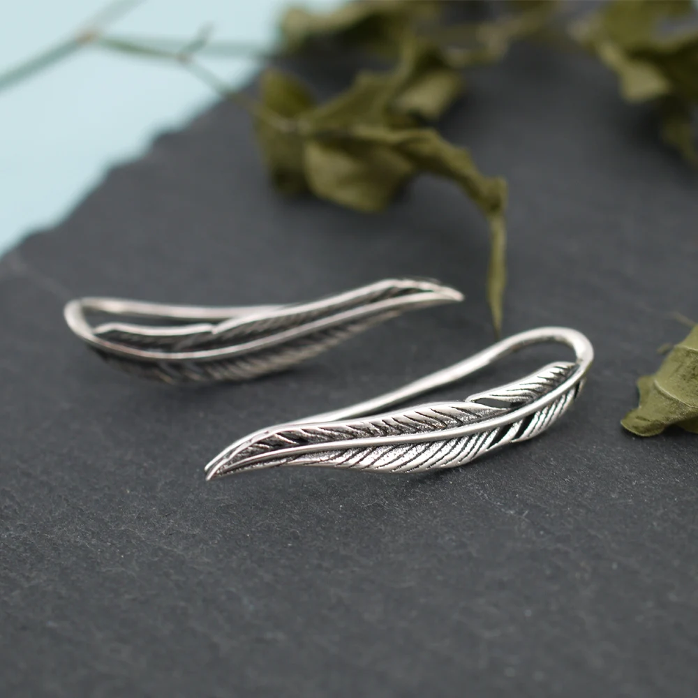 

925 Sterling Silver Retro Leaf Feather Climber Crawler Earrings A1611